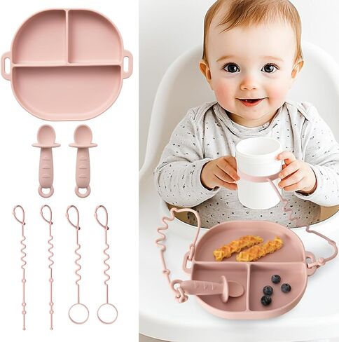 Baby Plates with Suction Silicone Baby Spoons Divided Baby Plates Silicone Baby Safety Toy Straps Baby Bottle Bungees Baby Feeding Set All-in-one Baby Plates-Blush in Saudi Arabia