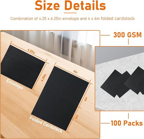 100 packs Black Note Cards and Envelopes 4 x 6 Blank 300GSM Heavy Folded Cardstock and Printable A4 Envelopes Self Seal for DIY Invitations, Greeting Cards, Baby Shower, Mailing, Wedding in Kuwait