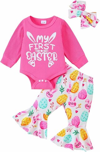 Baby Girls Easter Outfits My 1st Easter Romper Bodysuit Bunny Flare Pants Clothes Set in Saudi Arabia