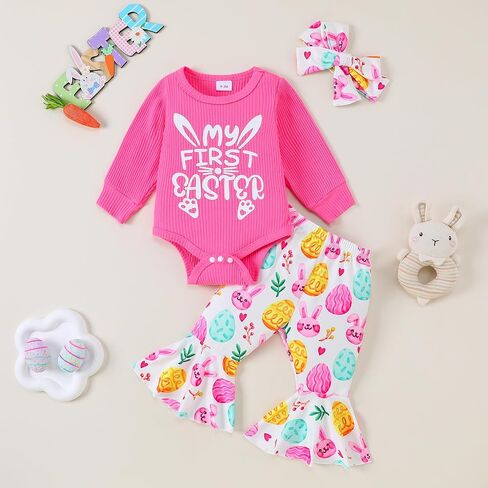 Baby Girls Easter Outfits My 1st Easter Romper Bodysuit Bunny Flare Pants Clothes Set in Saudi Arabia