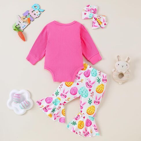 Baby Girls Easter Outfits My 1st Easter Romper Bodysuit Bunny Flare Pants Clothes Set in Saudi Arabia