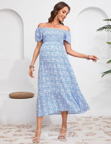 KOJOOIN Maternity Dress Summer Ruffle Short Sleeve Square Neck Smocked Midi Dress Baby Shower Photoshoot in Saudi Arabia