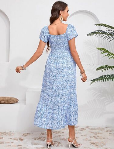 KOJOOIN Maternity Dress Summer Ruffle Short Sleeve Square Neck Smocked Midi Dress Baby Shower Photoshoot in Saudi Arabia