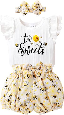 Happy Town Toddler Baby Girl Two Sweet 2nd Birthday Outfits Shorts Set Bowknot 2T Shirts Summer Clothes with Headband in Saudi Arabia