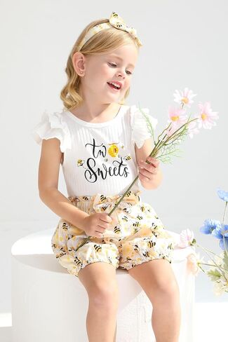 Happy Town Toddler Baby Girl Two Sweet 2nd Birthday Outfits Shorts Set Bowknot 2T Shirts Summer Clothes with Headband in Saudi Arabia