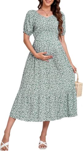 KOJOOIN Womens Maternity Puff Short Sleeve Summer Casual Boho Dress V Neck Flowy A Line Maxi Dress for Photoshoot Baby Shower in Saudi Arabia