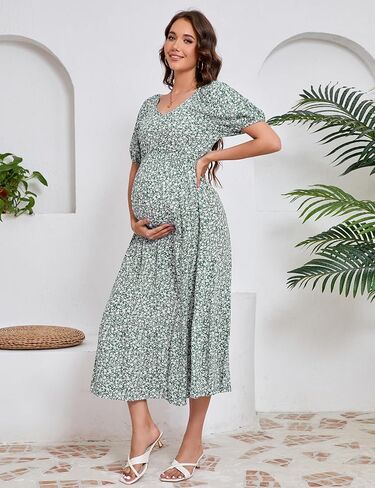 KOJOOIN Womens Maternity Puff Short Sleeve Summer Casual Boho Dress V Neck Flowy A Line Maxi Dress for Photoshoot Baby Shower in Saudi Arabia