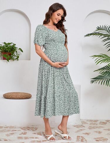 KOJOOIN Womens Maternity Puff Short Sleeve Summer Casual Boho Dress V Neck Flowy A Line Maxi Dress for Photoshoot Baby Shower in Saudi Arabia