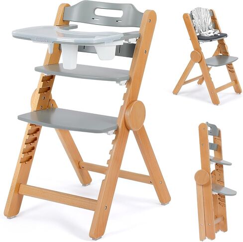 Ezebaby Wooden High Chair Grow with Your Child, Foldable Baby High Chairs with Adjustable Seat and Footrest Heights, High Chair for Babies and Toddlers with Cushion and Large Double Layer Tray(White) in Saudi Arabia