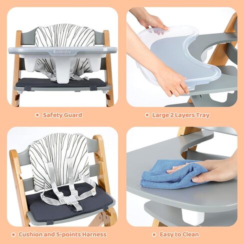 Ezebaby Wooden High Chair Grow with Your Child, Foldable Baby High Chairs with Adjustable Seat and Footrest Heights, High Chair for Babies and Toddlers with Cushion and Large Double Layer Tray(White) in Saudi Arabia