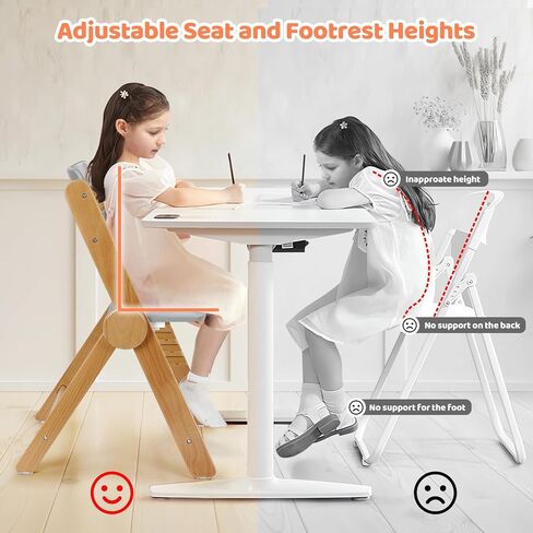 Ezebaby Wooden High Chair Grow with Your Child, Foldable Baby High Chairs with Adjustable Seat and Footrest Heights, High Chair for Babies and Toddlers with Cushion and Large Double Layer Tray(White) in Saudi Arabia