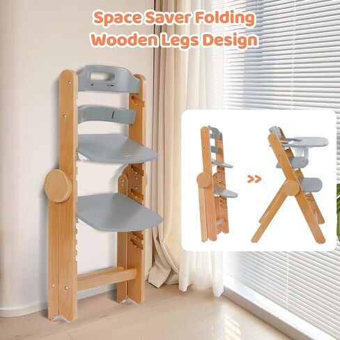 Ezebaby Wooden High Chair Grow with Your Child, Foldable Baby High Chairs with Adjustable Seat and Footrest Heights, High Chair for Babies and Toddlers with Cushion and Large Double Layer Tray(White) in Saudi Arabia
