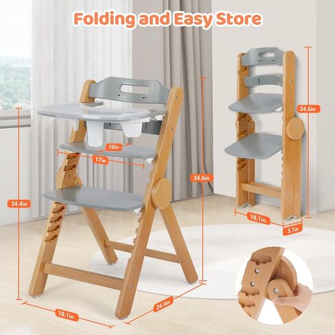 Ezebaby Wooden High Chair Grow with Your Child, Foldable Baby High Chairs with Adjustable Seat and Footrest Heights, High Chair for Babies and Toddlers with Cushion and Large Double Layer Tray(White) in Saudi Arabia