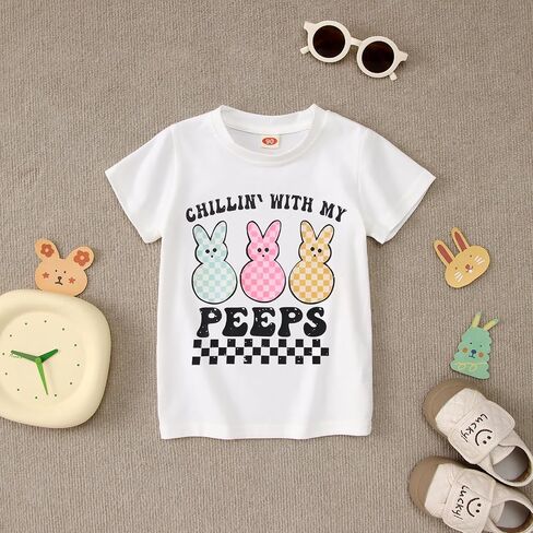 BOUTIKOME Toddler Boys Girls Easter Shirts Baby Bunny T-shirt Kids Short Sleeve Tees Chillin’ with My Peeps Tops in Saudi Arabia