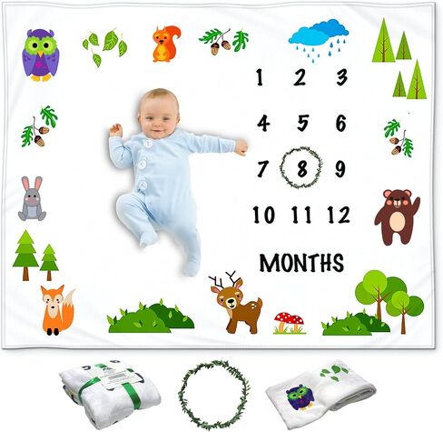 Baby Milestone Blanket for Boy, Monthly Milestone Safari Baby Blanket for Boys, Milestone Blanket Animals Theme, Baby Milestone Blanket for Baby Boy Includes Wreath, 50"x40" in Saudi Arabia