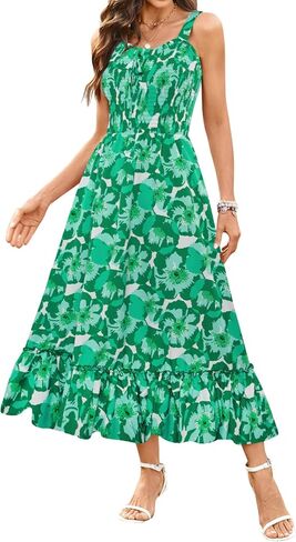 Arolina Women's Summer Floral Boho Dress 2025 Square Neck Maxi Dresses Solid Color Ruffle Beach Vacation Long Sundress in Kuwait