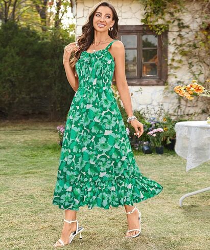 Arolina Women's Summer Floral Boho Dress 2025 Square Neck Maxi Dresses Solid Color Ruffle Beach Vacation Long Sundress in Kuwait
