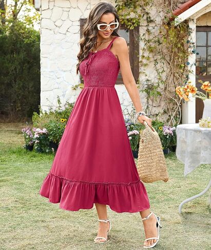 Arolina Women's Summer Floral Boho Dress 2025 Square Neck Maxi Dresses Solid Color Ruffle Beach Vacation Long Sundress in Saudi Arabia