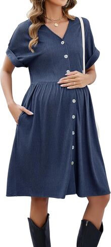 OUGES Womens 2025 Summer Maternity Dress Short Sleeve V Neck Button Down Pregnancy Casual Maternity Clothes with Pockets in Kuwait