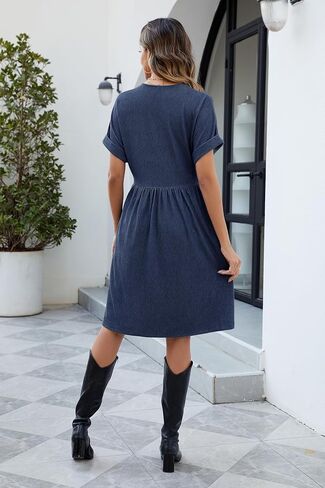 OUGES Womens 2025 Summer Maternity Dress Short Sleeve V Neck Button Down Pregnancy Casual Maternity Clothes with Pockets in Kuwait