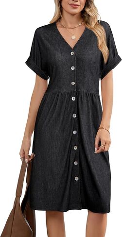 OUGES Womens 2025 Summer Maternity Dress Short Sleeve V Neck Button Down Pregnancy Casual Maternity Clothes with Pockets in Kuwait