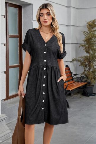 OUGES Womens 2025 Summer Maternity Dress Short Sleeve V Neck Button Down Pregnancy Casual Maternity Clothes with Pockets in Kuwait