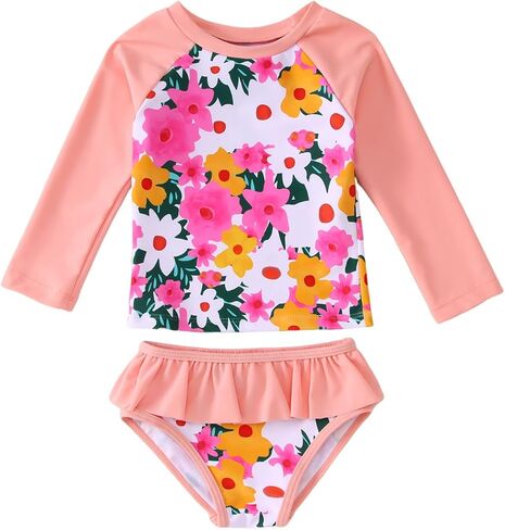 CM C&M WODRO Toddler Baby Girls Rash Guard Swimsuit Long Sleeve 2 Piece Floral Bathing Suit Bikini Bottoms Infant Swimwear in Kuwait