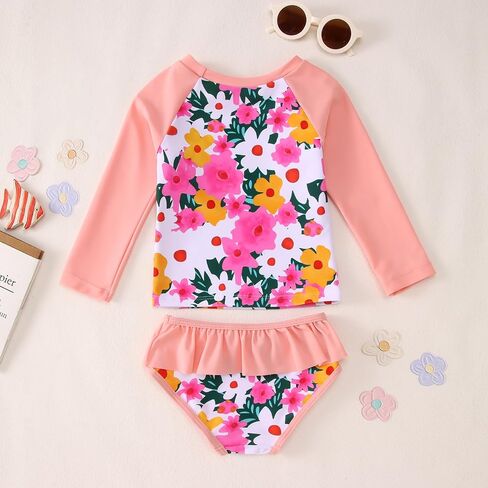 CM C&M WODRO Toddler Baby Girls Rash Guard Swimsuit Long Sleeve 2 Piece Floral Bathing Suit Bikini Bottoms Infant Swimwear in Kuwait