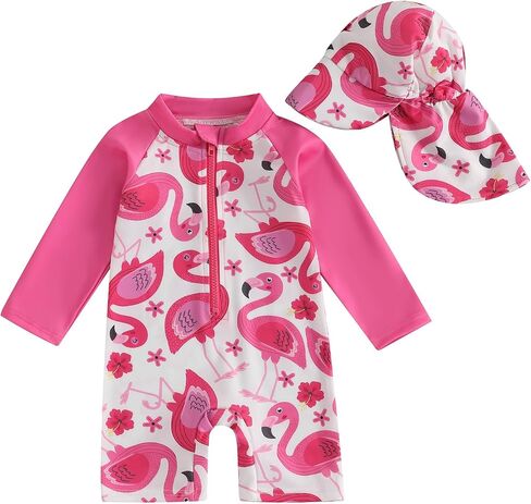 Toddler Baby Girl Long Sleeve Print Swimsuit with Sun Hat Rash Guard Bathing Suit Set in Saudi Arabia