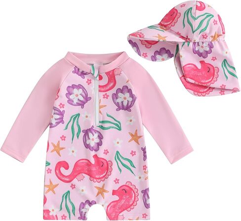 Toddler Baby Girl Long Sleeve Print Swimsuit with Sun Hat Rash Guard Bathing Suit Set in Saudi Arabia