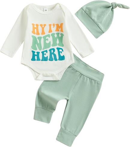 Newborn Baby Boy Girl Coming Home Outfit Letter Print Romper + Long Pants + Hat Set 3Pcs Cute Infant Clothes in Kuwait
