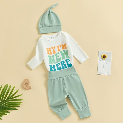 Newborn Baby Boy Girl Coming Home Outfit Letter Print Romper + Long Pants + Hat Set 3Pcs Cute Infant Clothes in Kuwait