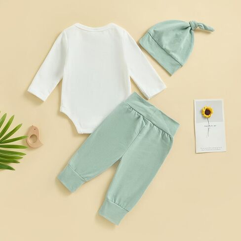 Newborn Baby Boy Girl Coming Home Outfit Letter Print Romper + Long Pants + Hat Set 3Pcs Cute Infant Clothes in Kuwait