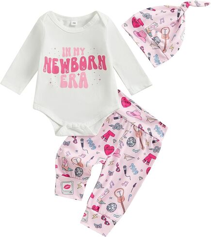 Newborn Baby Boy Girl Coming Home Outfit Letter Print Romper + Long Pants + Hat Set 3Pcs Cute Infant Clothes in Kuwait
