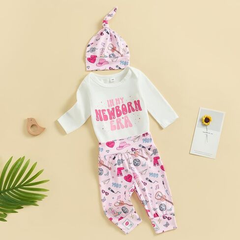 Newborn Baby Boy Girl Coming Home Outfit Letter Print Romper + Long Pants + Hat Set 3Pcs Cute Infant Clothes in Kuwait