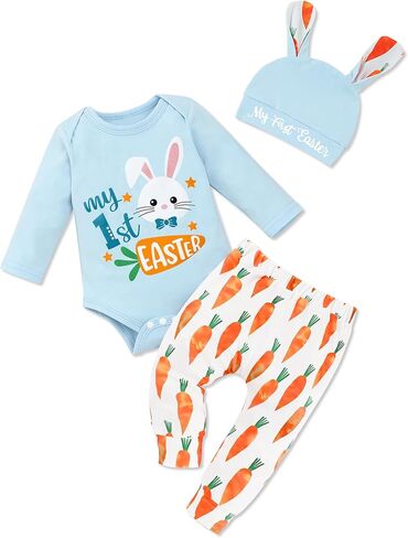 Sinda Baby Boy Easter Outter 3pcs رسالة أرنب طباعة سروال رومبير رنب القبعة قبعة الفصح in Kuwait