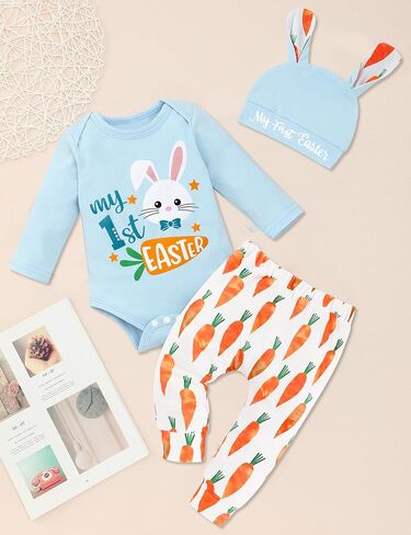 Sinda Baby Boy Easter Outter 3pcs رسالة أرنب طباعة سروال رومبير رنب القبعة قبعة الفصح in Kuwait