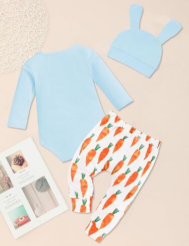 Sinda Baby Boy Easter Outter 3pcs رسالة أرنب طباعة سروال رومبير رنب القبعة قبعة الفصح in Kuwait