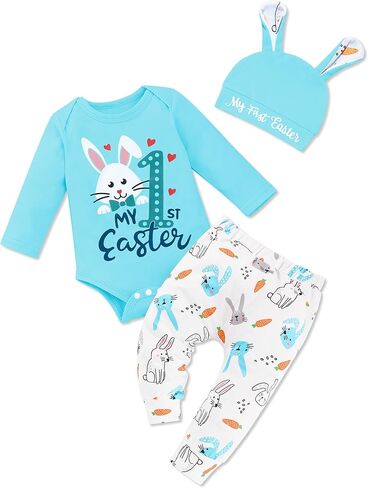 Sinda Baby Boy Easter Outfit 3pcs Bunny Letter Print Romper Pants Rabbit Hat Easter Outfit Baby Boy 0-12M in Kuwait