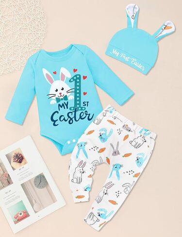 Sinda Baby Boy Easter Outfit 3pcs Bunny Letter Print Romper Pants Rabbit Hat Easter Outfit Baby Boy 0-12M in Kuwait