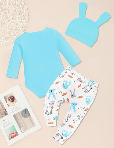 Sinda Baby Boy Easter Outfit 3pcs Bunny Letter Print Romper Pants Rabbit Hat Easter Outfit Baby Boy 0-12M in Kuwait