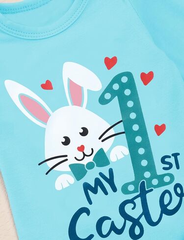 Sinda Baby Boy Easter Outfit 3pcs Bunny Letter Print Romper Pants Rabbit Hat Easter Outfit Baby Boy 0-12M in Kuwait