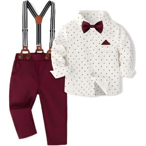 Toddler Boys Formal Outfit Baby Boy Suit Gentleman Wedding Including Dress Shirt, Bow Tie, Suspender Pants