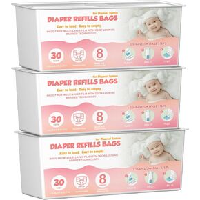 Diaper Pail Easy Roll Refill Bags with 30 Bags Compatible with Genie Easy Roll Signature and Platinum Diaper Pails, 7-Layer Odor-Barrier Technology, Lasts Up to 8 Months, 90 Bags (3 Pack)