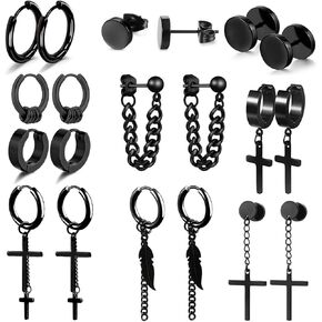 28 Piece Black Cross Dangle Earrings, Stainless Steel Long Chain Pierced Hoop Earrings Set, Unisex in Kuwait