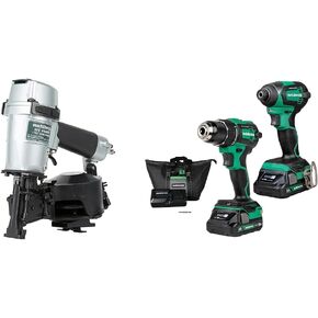 Bundle of Metabo HPT Roofing Nailer, Pro-preferred Pneumatic Power Nailers in Roofing tools, NV45AB2 + Metabo HPT 18V MultiVolt™ Cordless Brushless Driver Drill & Impact Driver Combo Kit, KC18DEXQB