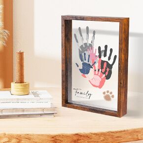 Family Handprint Kit,DIY Colorful Craft Keepsake Family Art Baby Newborn Hand and Footprint Wooden Frame for Home Decor Family Gifts Set(5 Sheets with 8 Colors) (Wood)