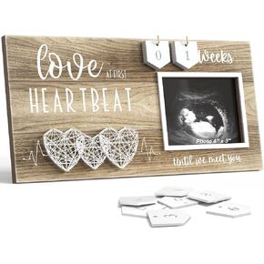 Baby Sonogram Picture Frame with Countdown Weeks - 3 Hearts Design, 4"x3" Ultrasound Photo, Pregnancy Announcements, Gender Reveal Baby-Shower Gift, New Mom Expecting Parents to Be Keepsake Gifts