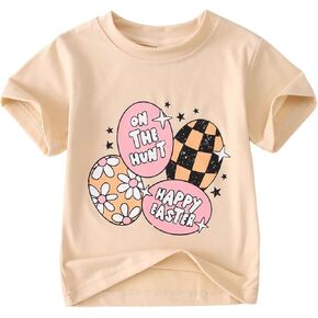 Toddler Easter Shirt for Baby Girls Happy Easter Eggs T-Shirt Short Sleeve Funny Floral Print Graphic Tees Tops in Kuwait
