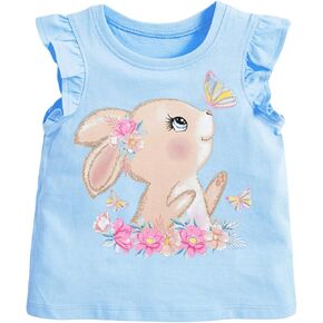 DDSOL T-Shirts Baby Girls Summer Ruffle Sleeve Shirts Toddler Cotton Tees Kids Easter Bunny Tank Tops 2-7 Years